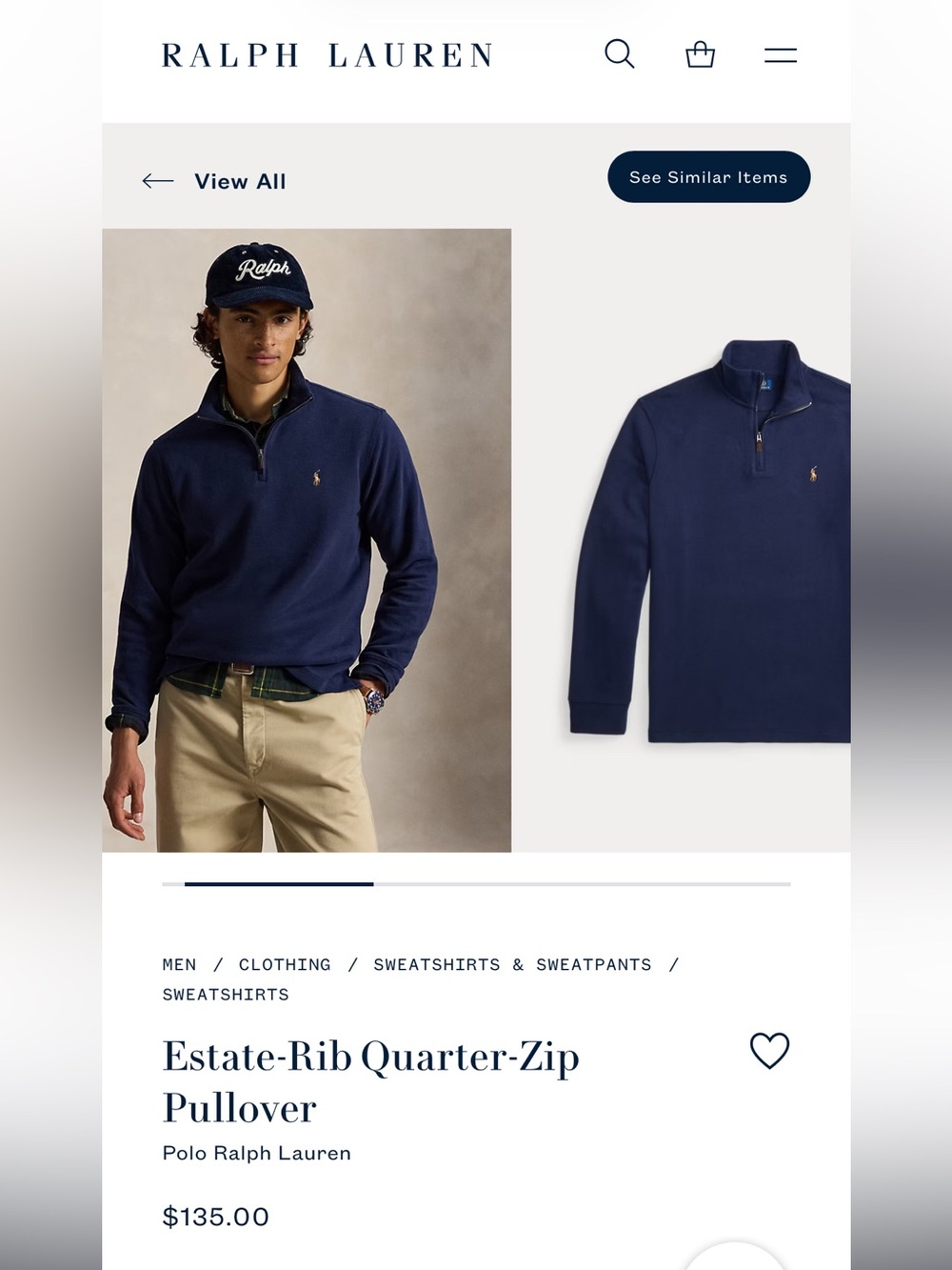 Ralph Lauren Navy Quarter‑Zip Estate‑Rib Pullover